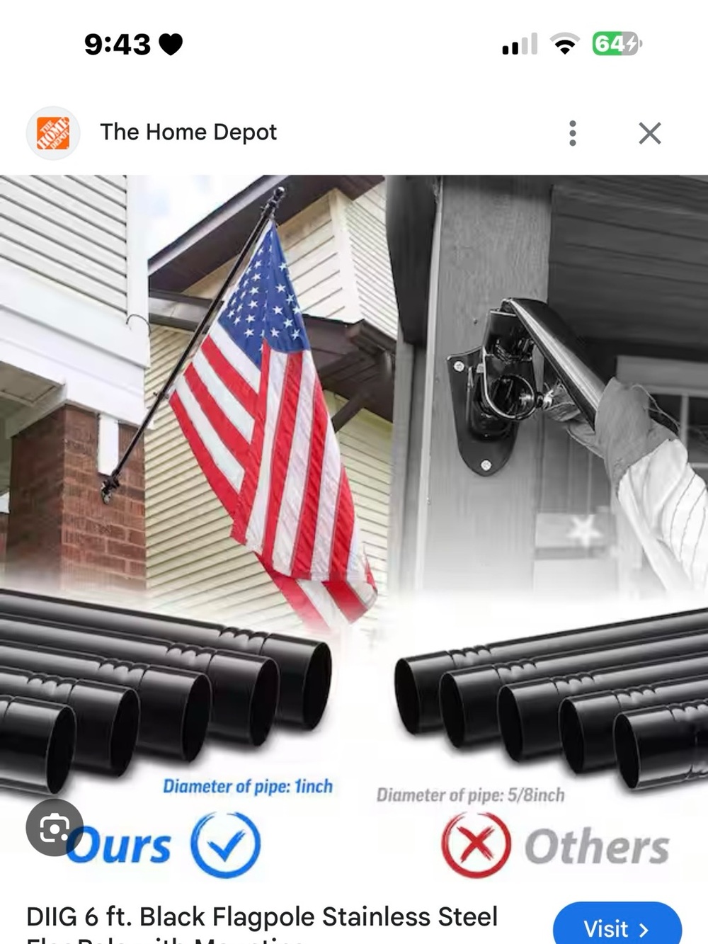 Flag pole 6 ft black